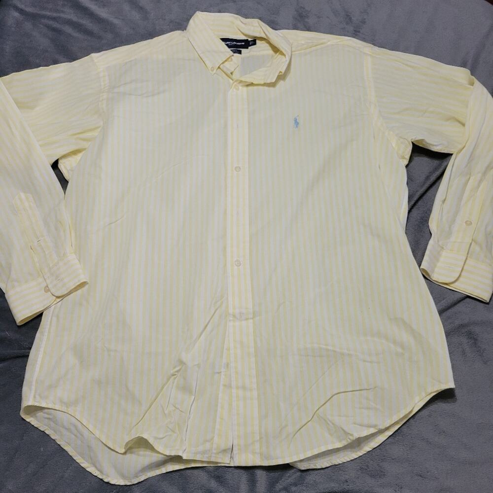 Ralph Lauren Golf Shirt Mens Large Yellow Strip Tilden Button Down Cotton Collar